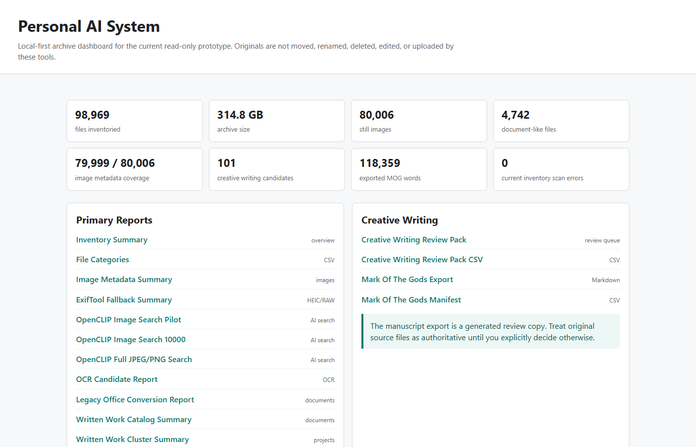 Personal AI dashboard overview with inventory and report cards